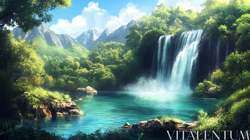 Lush mountain waterfall pouring into bright turquoise pool.