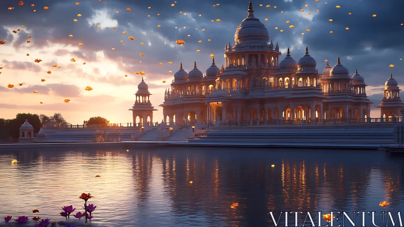 Domed palace complex stands by reflective water at sunset