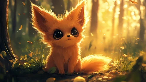 Sunlit forest foxling with impossibly bright curious eyes.