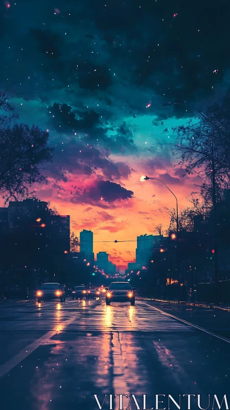 Nocturnal wet street perspective under chromatic nebula sky.