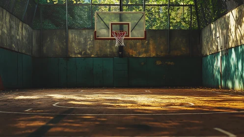 Outdoor basketball court surface shows wear under angled light
