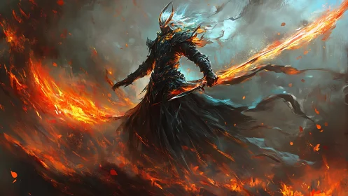 Blazing Warlord in swirling inferno with molten blade.