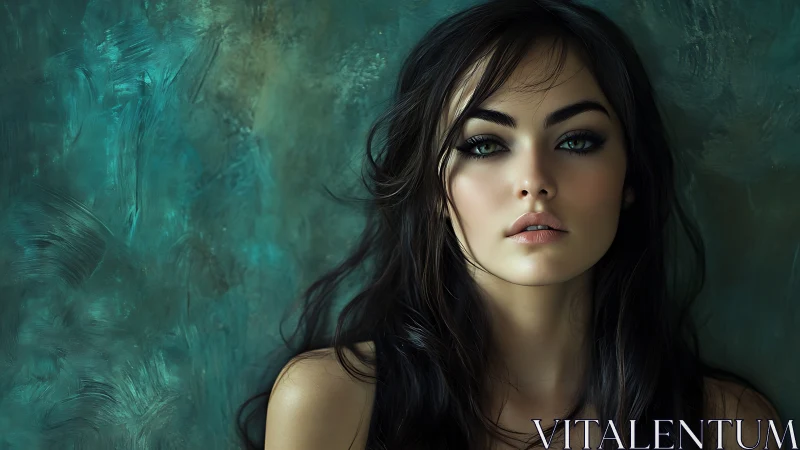 Digital portrait of woman against textured teal backdrop.