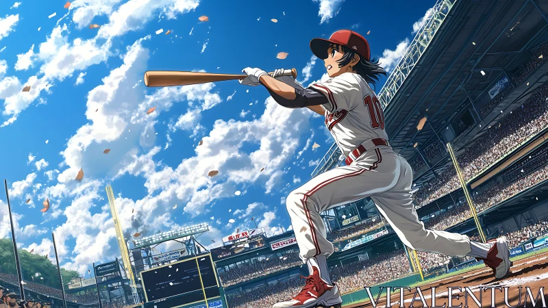 Right-handed batter follows through swing in crowded stadium