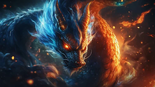 Twin-flame serpentine dragon amid searing embers and icefire.