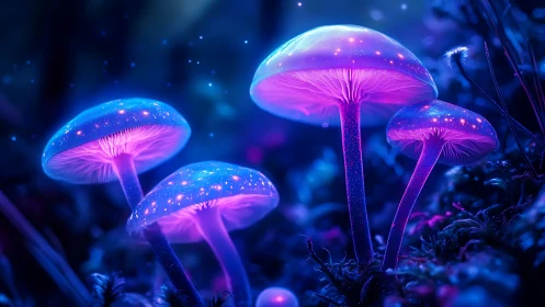 Bioluminescent forest mushrooms whisper in electric violet glow