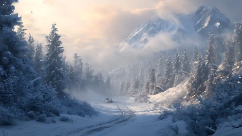 Solitary van drifts through dawnlit snowbound mountain hush.