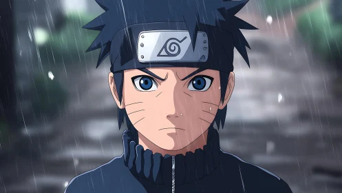 Stoic young ninja standing steady in a quiet summer rain.