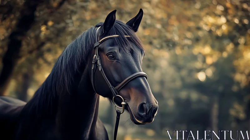 Black horse in bridle stands in soft forest background