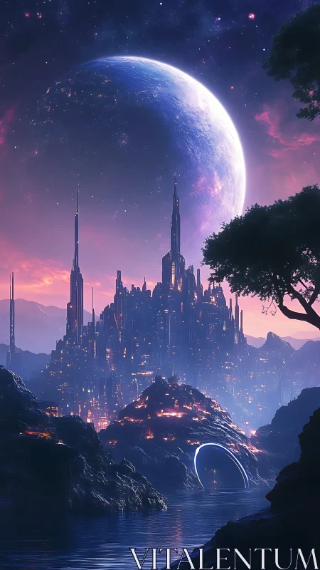 Futuristic luminous city under massive crescent planet sky