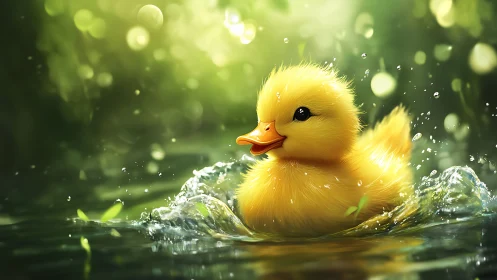 Yellow duckling splashing in bright green pond water.