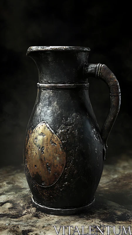 Weathered metal jug with worn handle in dark setting.