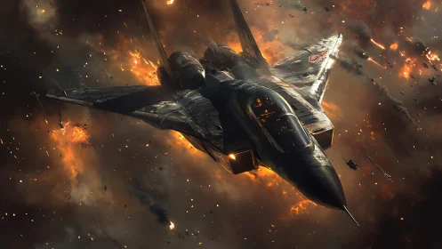 Military jet in dense aerial combat over burning clouds.