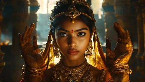 Regal Indian woman in temple light with ornate gold adornment.