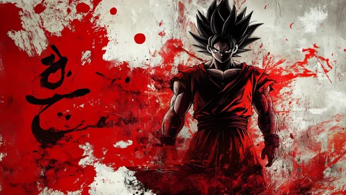 Anime warrior silhouette in red ink-splatter composition.