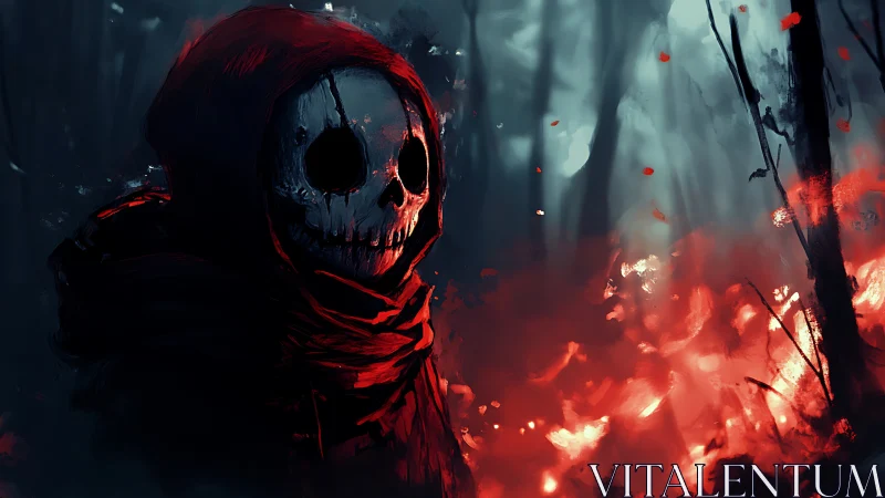 Hooded skull figure watches a burning forest glow red.