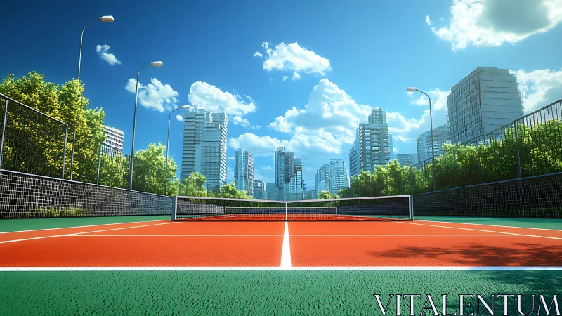 Urban rooftop tennis court in high-saturation daylight render.