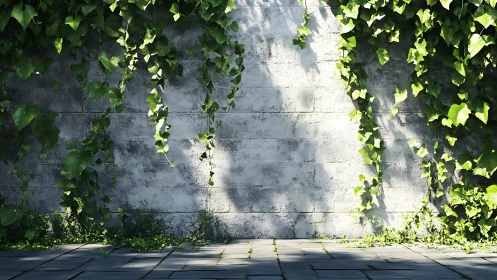 Sunlit ivy cascading over a weathered concrete boundary wall