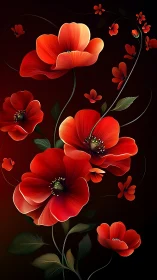 Red Poppies on Dark Background: Botanical Digital Illustration.
