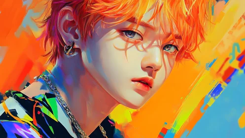 Neon-lit portrait of orange-haired youth in vivid abstract field.