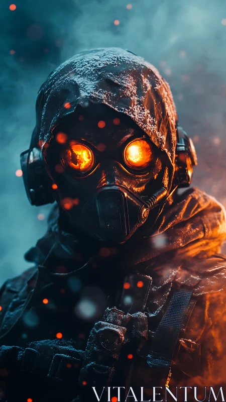 Hooded figure in gas mask stands amid frost and orange embers