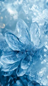 Macro crystalline ice flower with refractive blue facets.