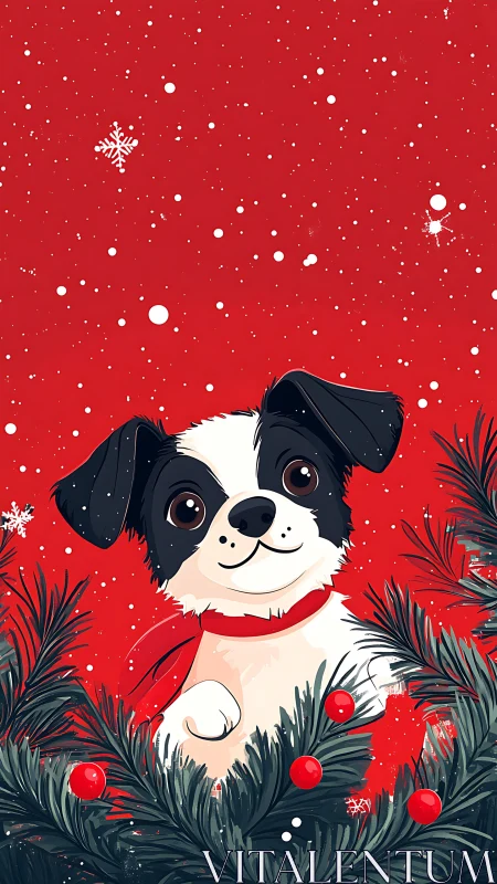 Festive puppy portrait with red winter holiday backdrop.