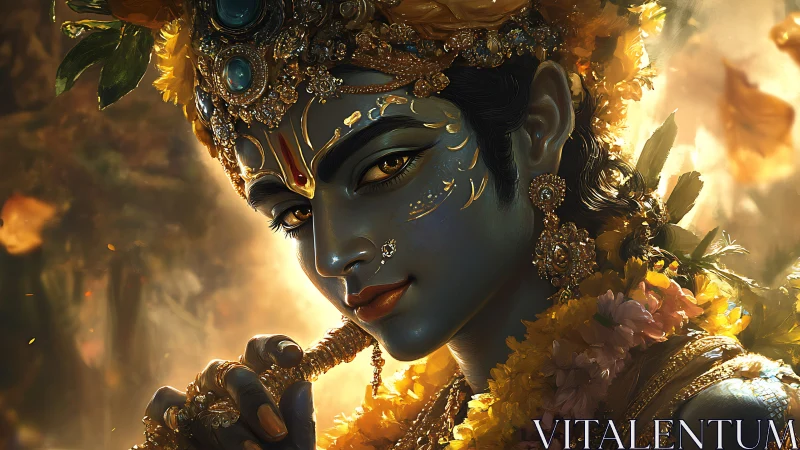 Blue-skinned adorned figure holds flute in warm backlight