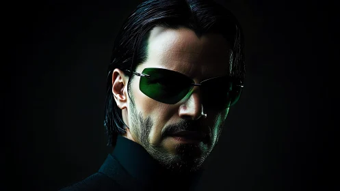 Brooding hero in dark shades holds a quiet, confident gaze