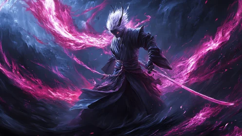 Solitary swordsman with pink energy in dark environment.