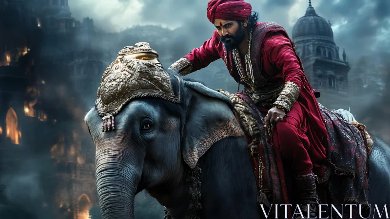 Warrior prince in crimson armor commands armored elephant in mist