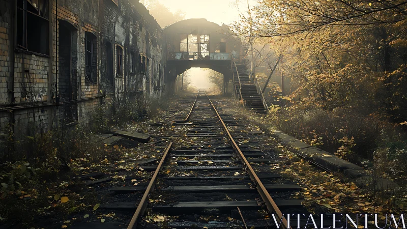Abandoned railway line passes derelict brick structure at dawn