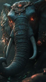 Mystic elephant guardian with ember eyes in forest dusk.