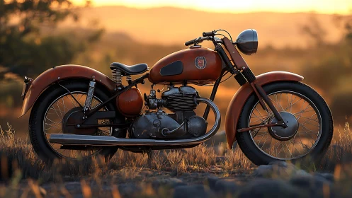 Vintage rust-orange motorcycle at golden hour field.