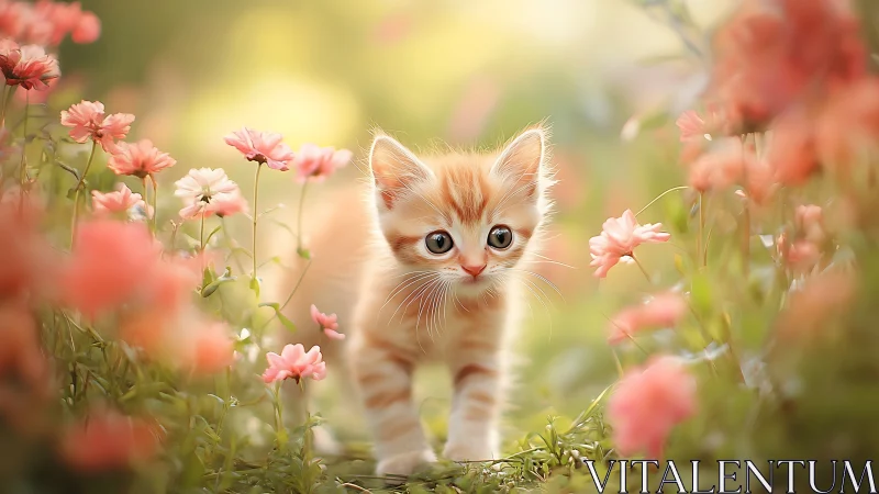Young feline specimen positioned among flowering plants in garden setting.
