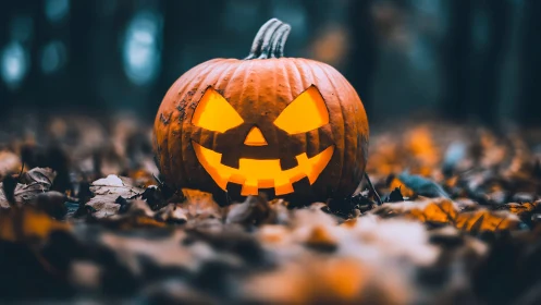 Jack o lantern grins wickedly through the misty forest dusk