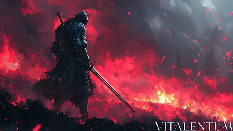Digital painting of armored knight over apocalyptic firestorm.