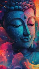 Buddha portrait in neon gradients and swirling cosmic clouds.