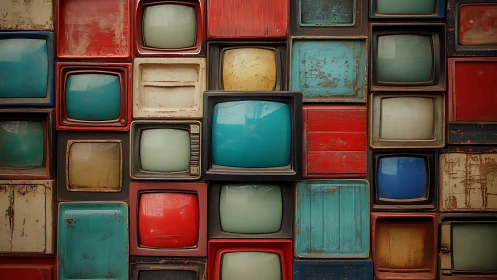 Stacked retro televisions forming colorful vintage wall.