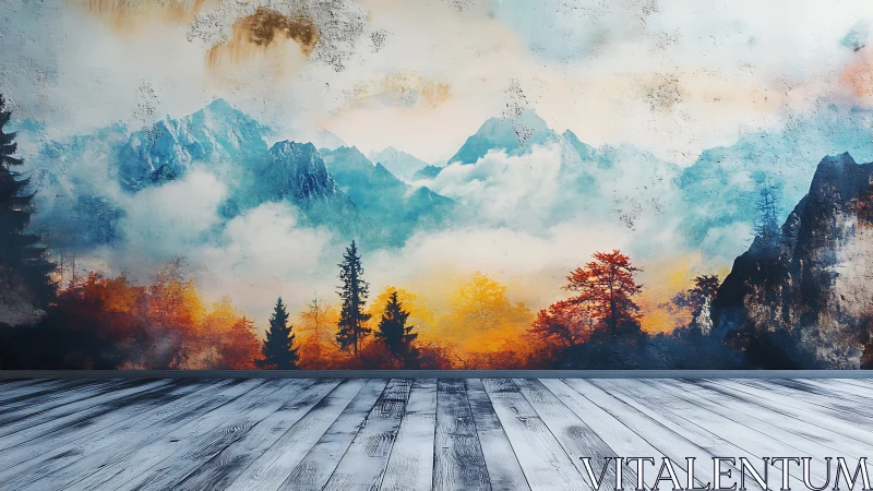 Digital painting mountain mural with misted forest horizon.