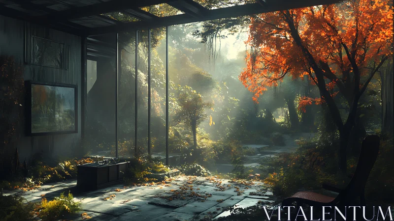 Posthuman atrium reclaimed by autumnal forest light interplay.