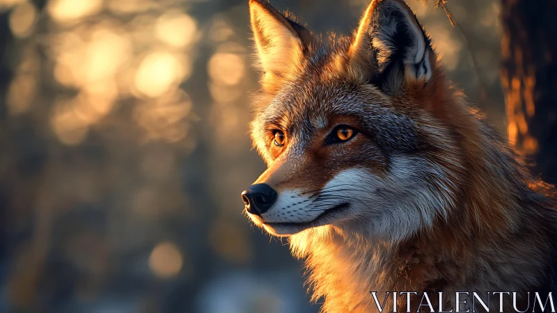 Golden hour fox gazes into soft forest light with calm focus.