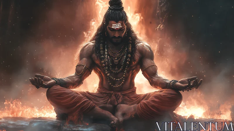 Powerful meditating warrior figure in fiery mystical scene.
