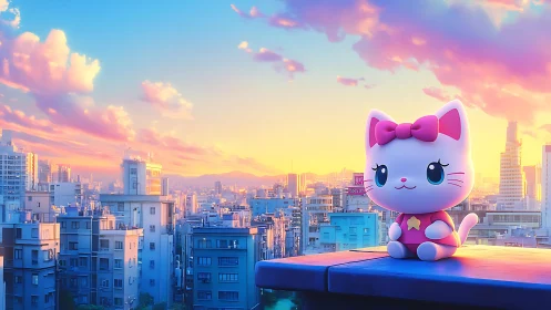 Cartoon cat figure on rooftop above dense cityscape at dusk.