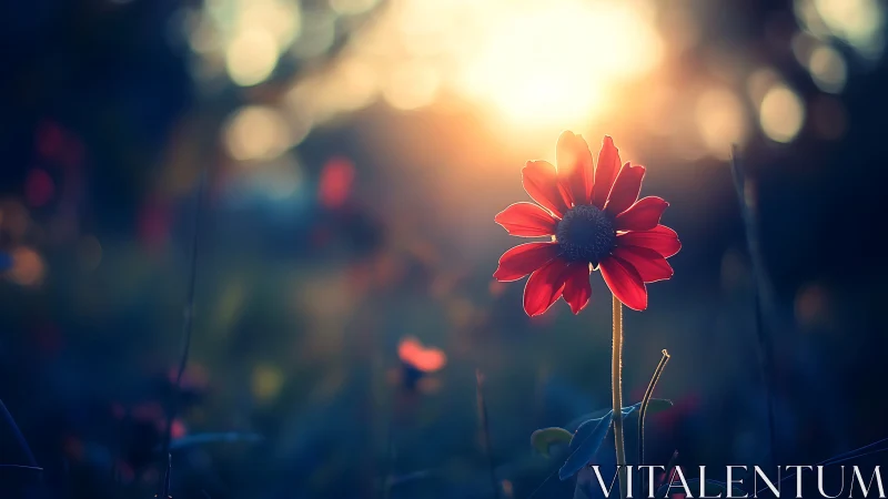 Backlit red daisy under shallow-depth sunset bokeh glow.