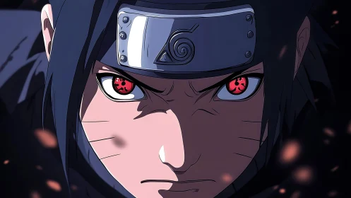 Shinobi close-up with glowing red eyes and metal headband