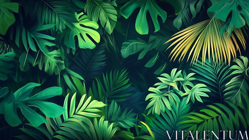 Lush tropical foliage layers form dense emerald jungle wall