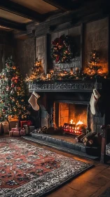 Warm Christmas fireplace scene with decorated tree and stockings