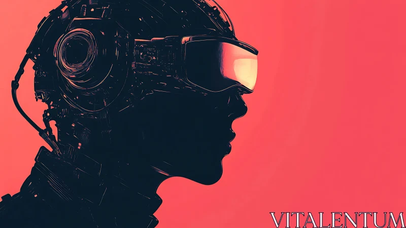 Cybernetic human profile in VR visor on neon red background.