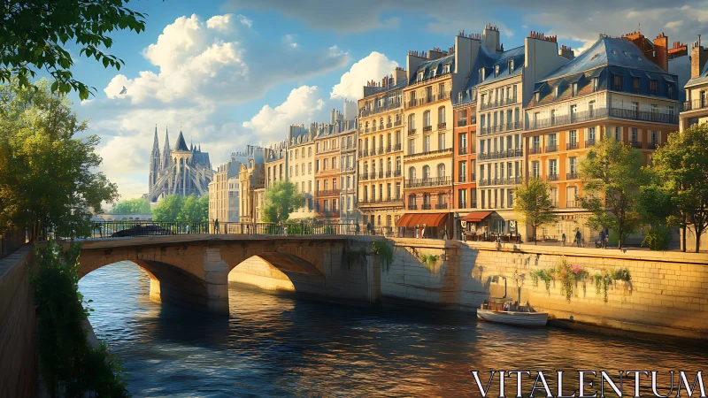 Sunlit Parisian quay dreams along a storybook riverside.